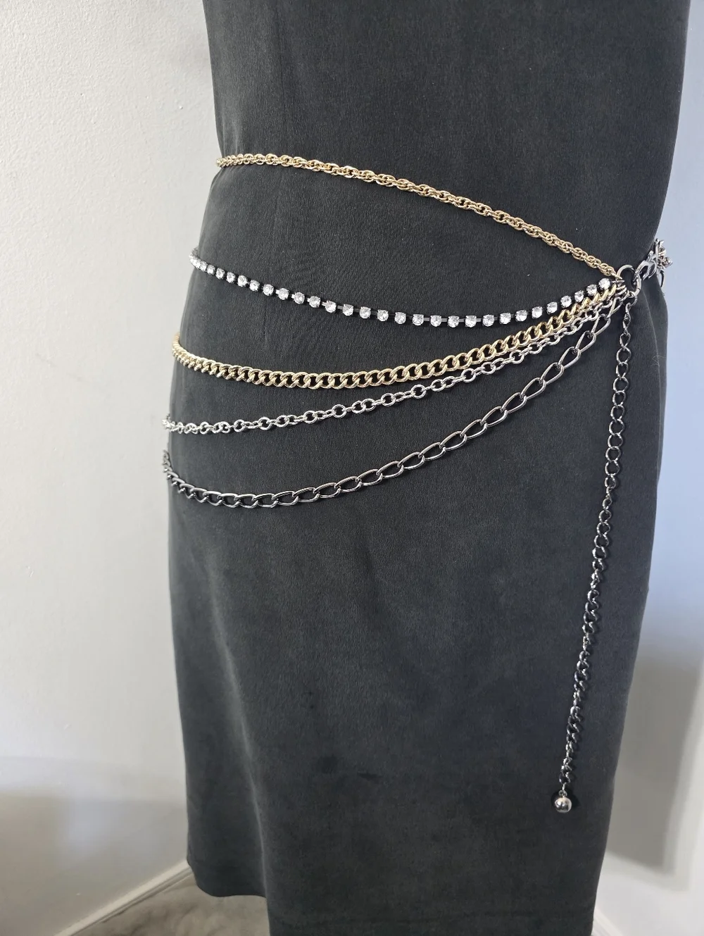 Mixed Metal Rhinestone Layered Multi Strand Chain Belt
